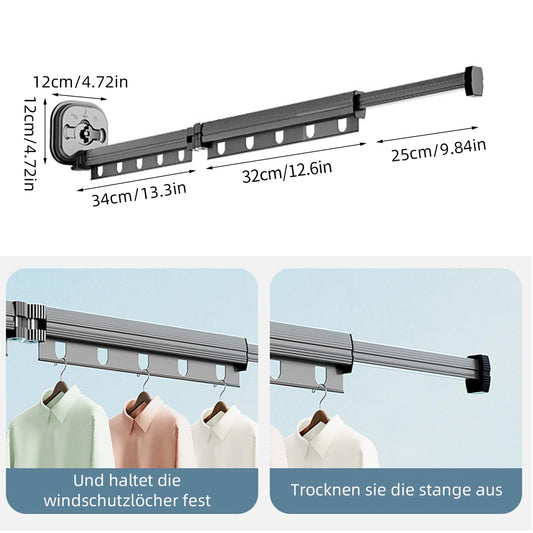 Clothes Drying Rack, Retractable Wall Mounted Cloth Hanger with Suction Cup, Foldable Collapsible Clothes Rod with Hooks & Towel Holder Balcony, Laundry, Bathroom, Bedroom (Dark Grey 2-way)