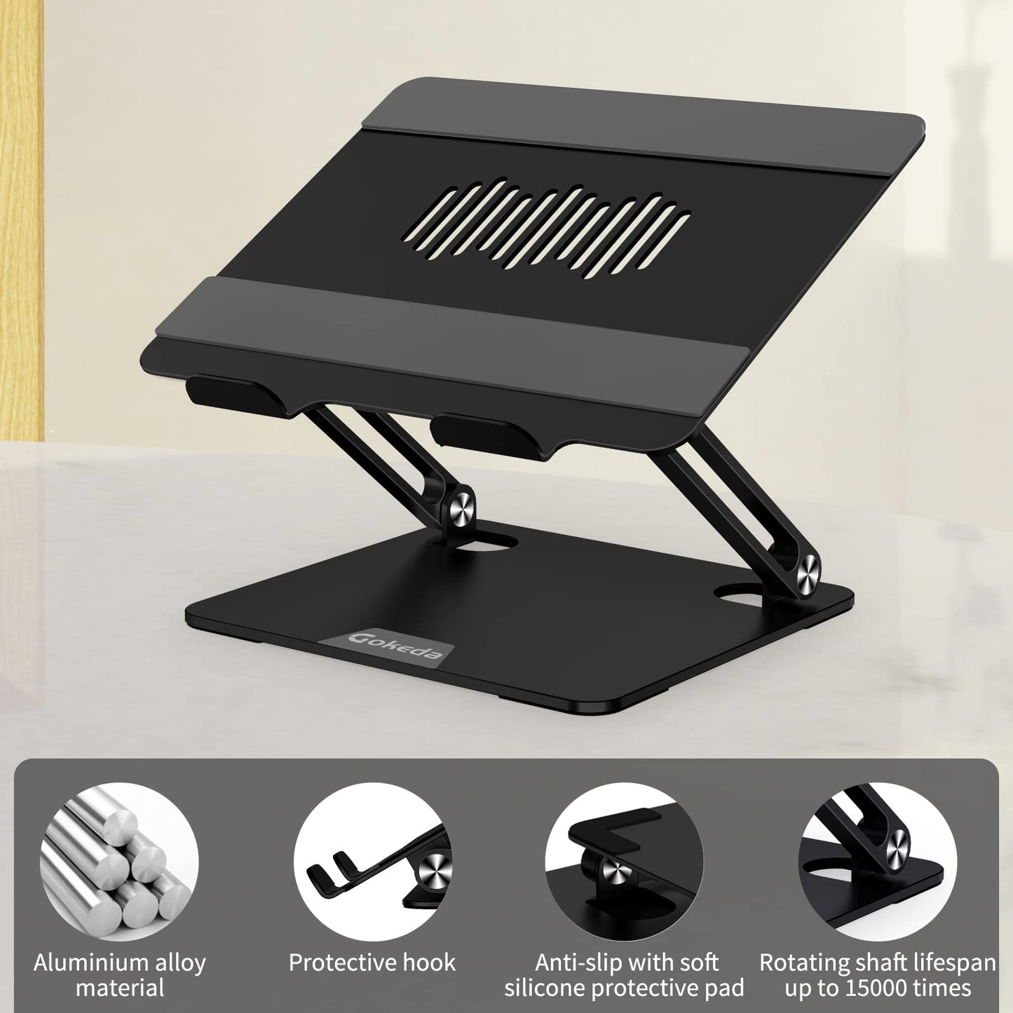 Gokeda Laptop Stand, aluminum ergonomic stand for desk, notebook stand with ventilation opening, compatible with MacBook Air/Pro, Dell, HP, Lenovo, and other 10-15.6" laptops.