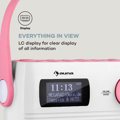 Auna Splash Shower Radio, DAB Radio, BT DAB+/FM IPX4, DAB+ Radio with USB port, headphone jack USB-C battery, digital radio, white-pink