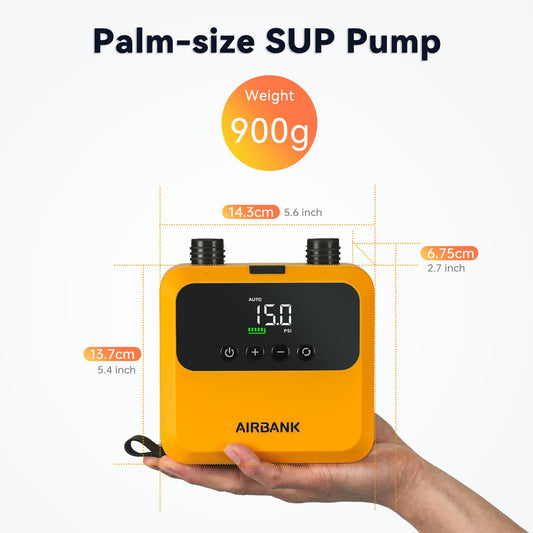 AIRBANK Mini SUP Electric Air Pump PULSE Pro, ultra-small rechargeable electric portable SUP pump, MAX 20 PSI, pump with brushless motor for kayaks, rafts, tents, kite wings