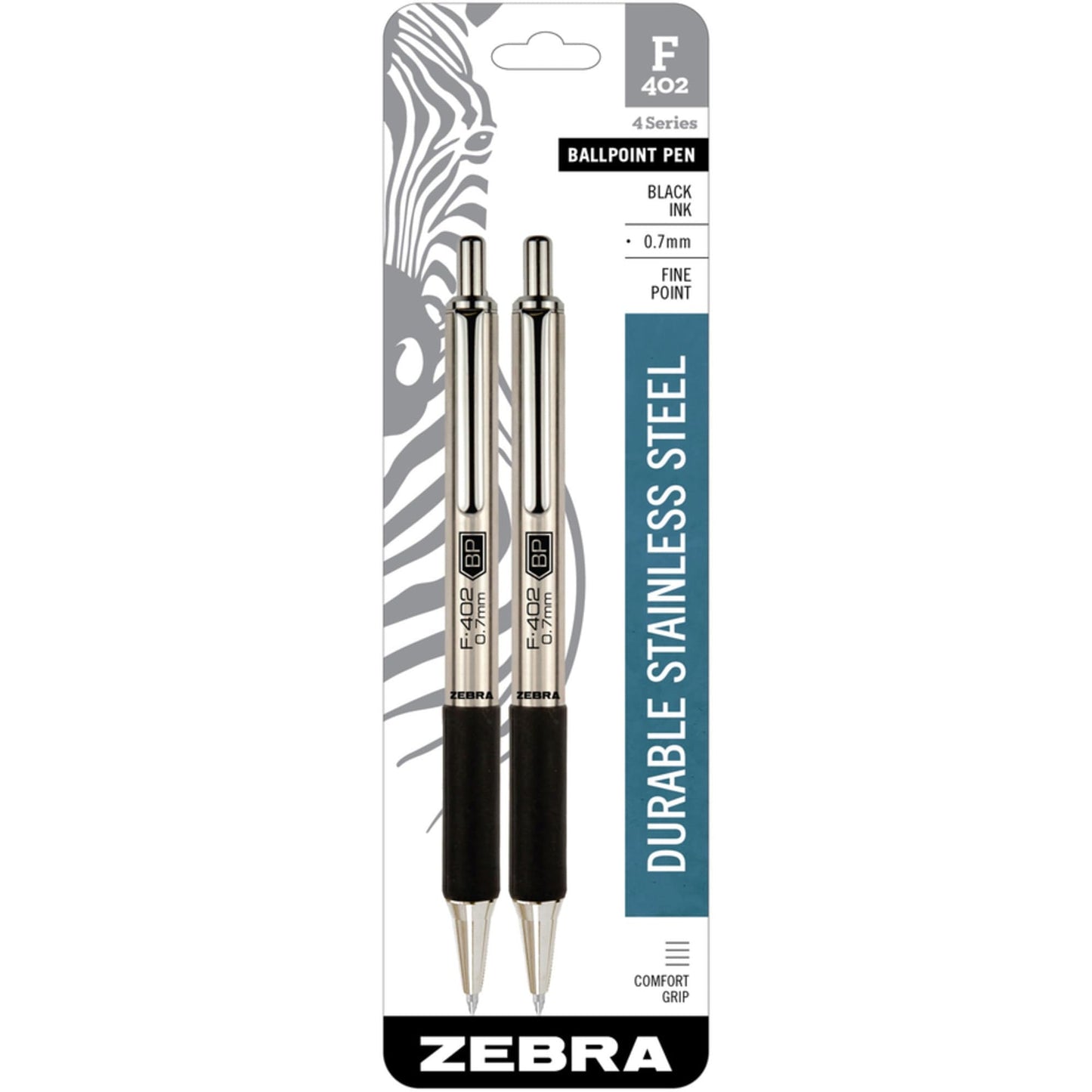 Zebra Pen F-402 Retractable Ballpoint Pen, Stainless Steel Barrel, Fine Point, 0.7mm, Black Ink, 2 Pack