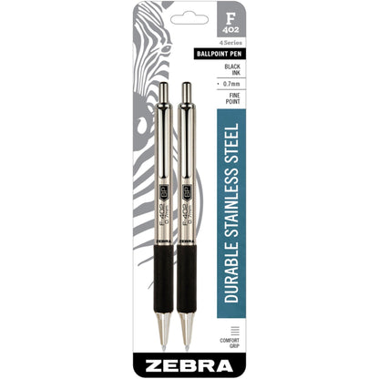 Zebra Pen F-402 Retractable Ballpoint Pen, Stainless Steel Barrel, Fine Point, 0.7mm, Black Ink, 2 Pack
