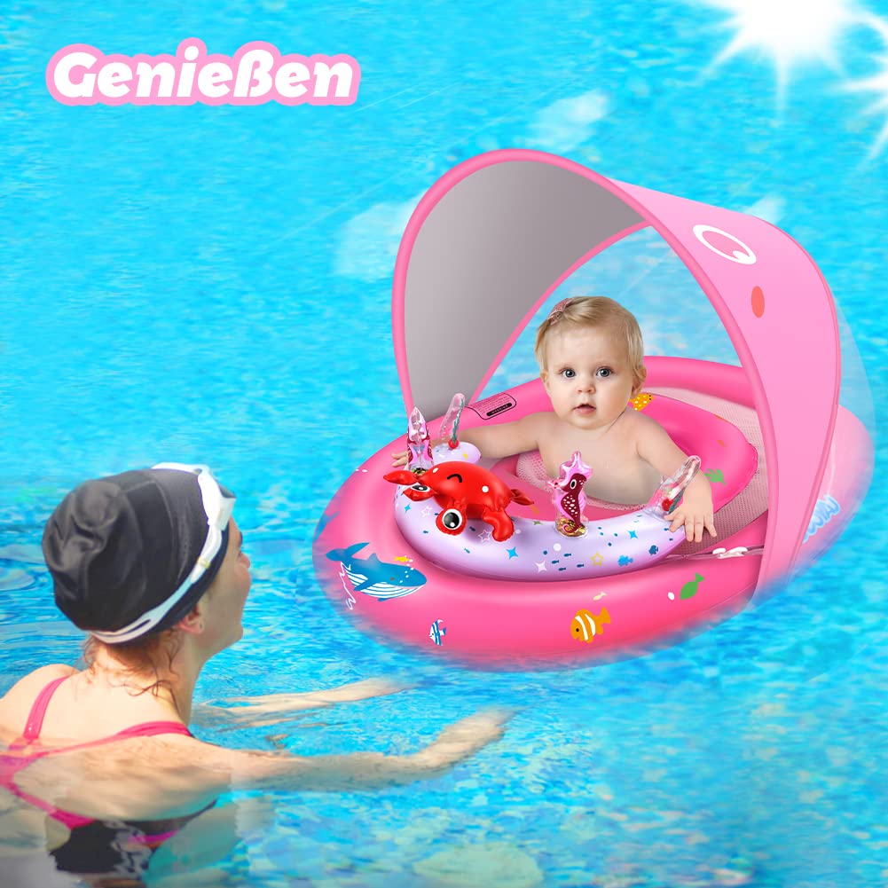 LAYCOL Baby Swimming Ring with UPF50+ Sunshade & Toy, Adjustable Safety Seat, Toddler Pool Swim Ring for 3-36 Months (Pink, L)