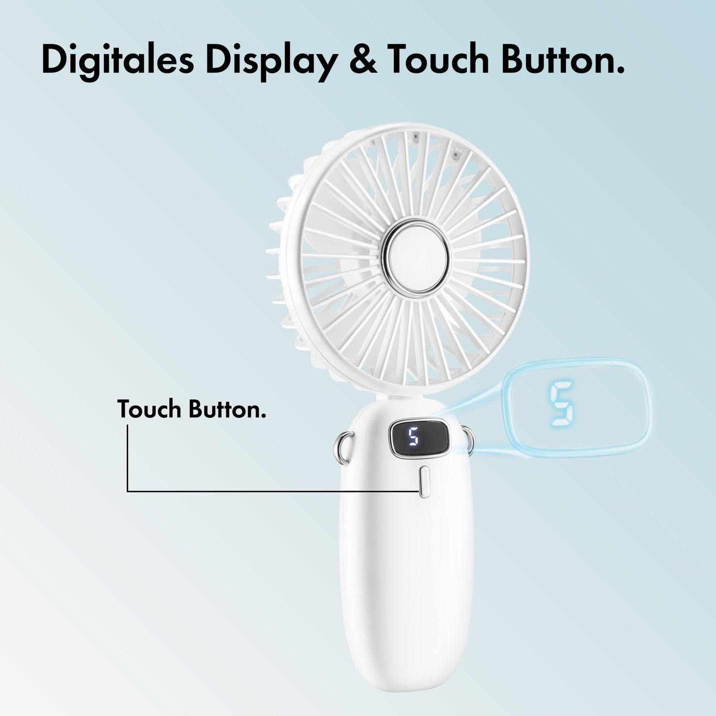 VonHaus handheld fan - lightweight, portable, small USB fan with 5 speeds - folds up 90°, with 60cm strap and phone holder - mini fan for desk, home, office (white)