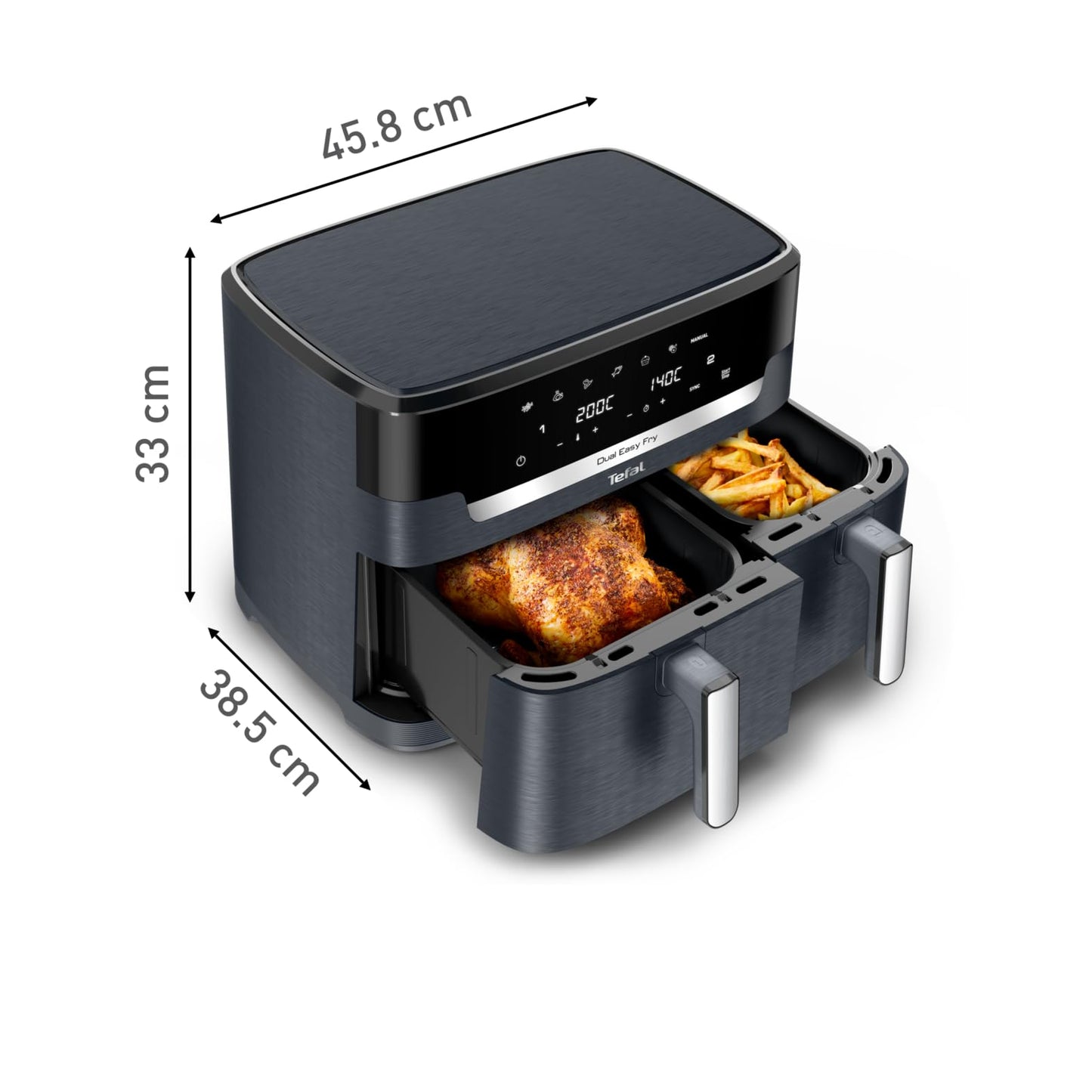 Tefal Dual Easy Fry XXL double-chamber hot air fryer, 11 liter capacity, 6.5L drawer and 4.5L drawer, no additional oil needed, 7 programs, dishwasher safe, grey, EY942BE0