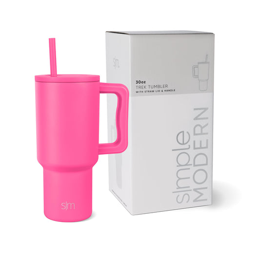Simple Modern Thermo Cup with Straw and Handle | Insulated Stainless Steel Drinking Cup Iced Coffee Travel Mug | Gifts for Women and Men | Trek | 890ml | Raspberry Vibes