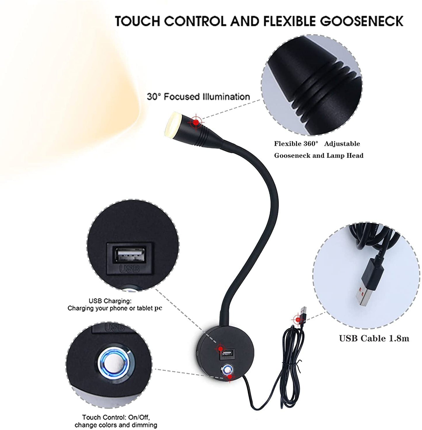 Bedside Reading Lamp Dimmable LED Wall Light with Touch Switch and USB Port, 3W Reading Light 360° Flexible Gooseneck Lamp Bedroom Bedside Lamp Bed Wall Mount Wall Light with EU Adapter