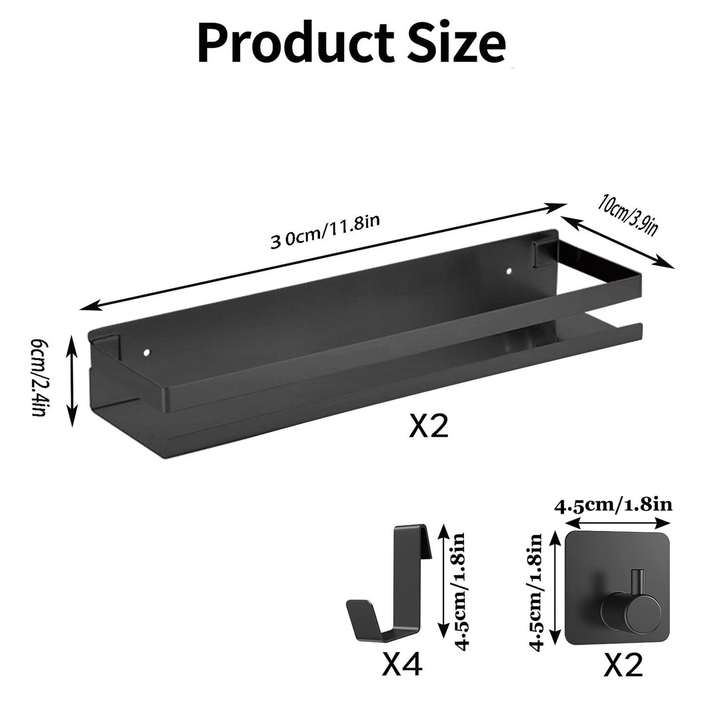 Kallrra Shower Caddy without Drilling 2 Pack Shower Shelf Black without Drilling, Φ30cm Bathroom Shelf/Organizer, Bathroom Caddy without Drilling with 6 Hooks, Shower Basket for Shampoo and Shower Gel