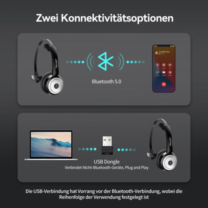 TECKNET Bluetooth PC headset with microphone & USB dongle [45 hr call time & 10M range] wireless headset with charging dock, AI noise cancelling for business, office, home office.