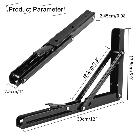 YUMORE Folding Shelf Brackets Heavy Duty 300mm Black - 2 Pack Metal Folding Brackets Wall Table Holder Foldable Shelf Brackets for DIY Folding Tables Benches Shelves Space Saving, Max Load 330lbs