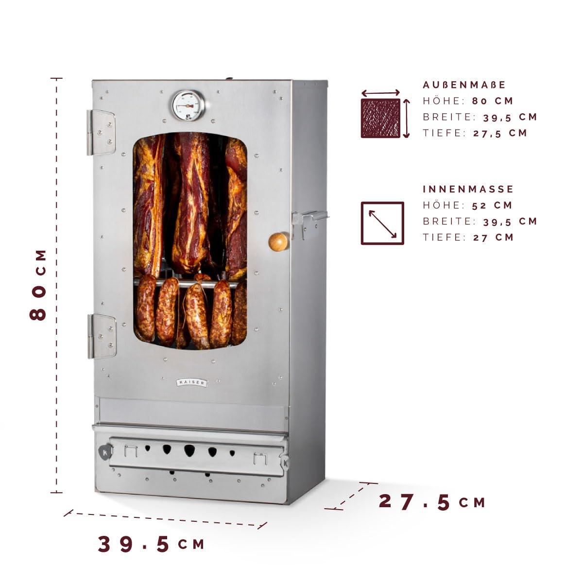 KAISER Company '50' high-quality stainless steel smokehouse/smoker - wood-fired I portable smoker 80 cm I perfect for smoking I can fit up to 10kg of meat I with accessories I NON-RUSTING