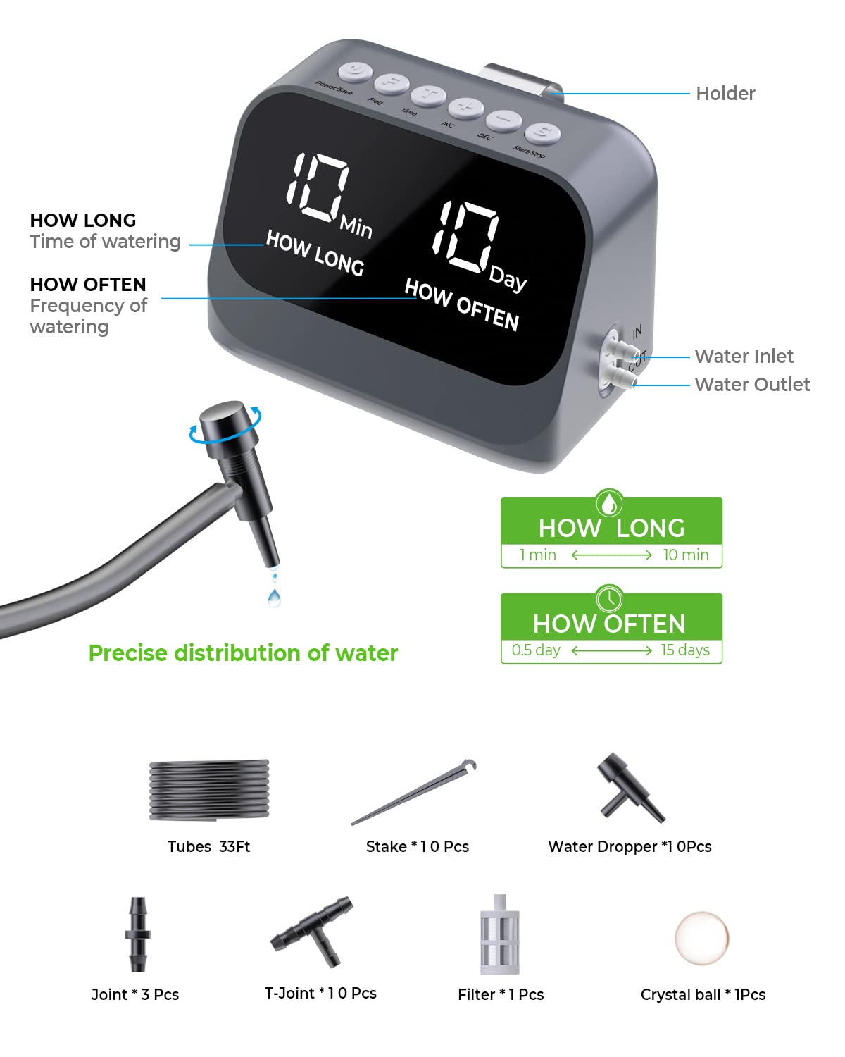 Automatic irrigation system for potted plants, DIY drip irrigation kit with programmable timer, waterproof LED display, and high-capacity battery, gray