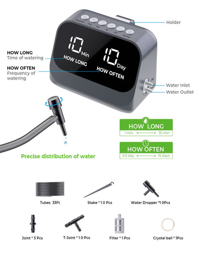 Automatic irrigation system for potted plants, DIY drip irrigation kit with programmable timer, waterproof LED display, and high-capacity battery, gray