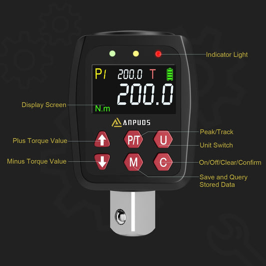 ANPUDS Digital Torque Adapter, 1/2 inch 10-200 Nm torque adapter set with preset, storage, buzzer, LCD display, ± 1% error accuracy, 1/4" 3/8" adapters for car, motorcycle, bicycle.