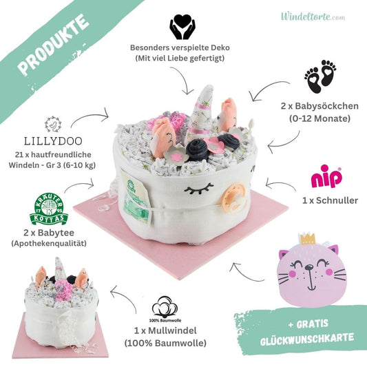 Diaper cake ® Unicorn Pink Girl - Newborn gift birth [give joy] baby shower pull party toys essentials wet wipes burp cloths baby socks pacifier - order cake