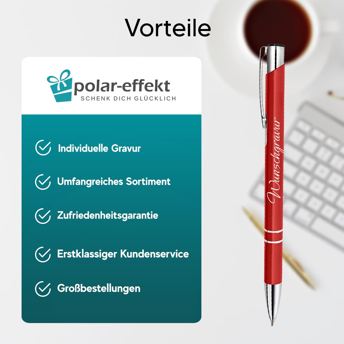 Polar effect 20 red metal pens with engraving - great birthday gift idea - promotional item - refillable jumbo ink cartridge - blue ink.