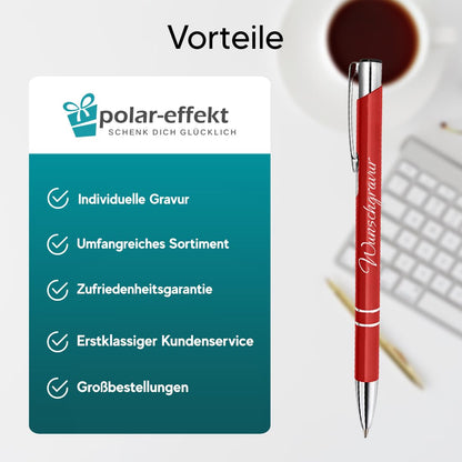 Polar effect 20 red metal pens with engraving - great birthday gift idea - promotional item - refillable jumbo ink cartridge - blue ink.