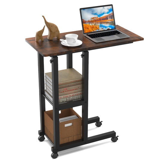 PIPIPOXER Side Table with Wheels, 60x30 cm Coffee Table with Wheels, Adjustable Height 69-90 cm Laptop Desk, Laptop Table with 360-degree Rotating Wheels for Living Room, Wood.