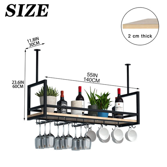 DSVONAUS Ceiling Wine Rack, Hanging Wine Glass Rack made of Metal, 140cm Bar Display Wine Storage Holder, Industrial Ceiling Rack Hanging for Bar Restaurant Cafe Kitchen