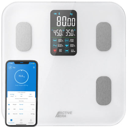 Active Era Bluetooth digital body scale with large LED display - Bluetooth body fat scale with 16 measurements, highly accurate body weight, Body Mass Index (BMI), Free smartphone app (White)