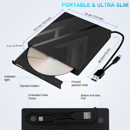 "JBonest External CD DVD Drive USB 3.0 Type-C, External with SD/TF Card Reader Portable RW Burner, Fast data transfer for Laptop, Desktop, MacBook, Win11/10/8/7/XP, Linux, Mac OS, Vista"