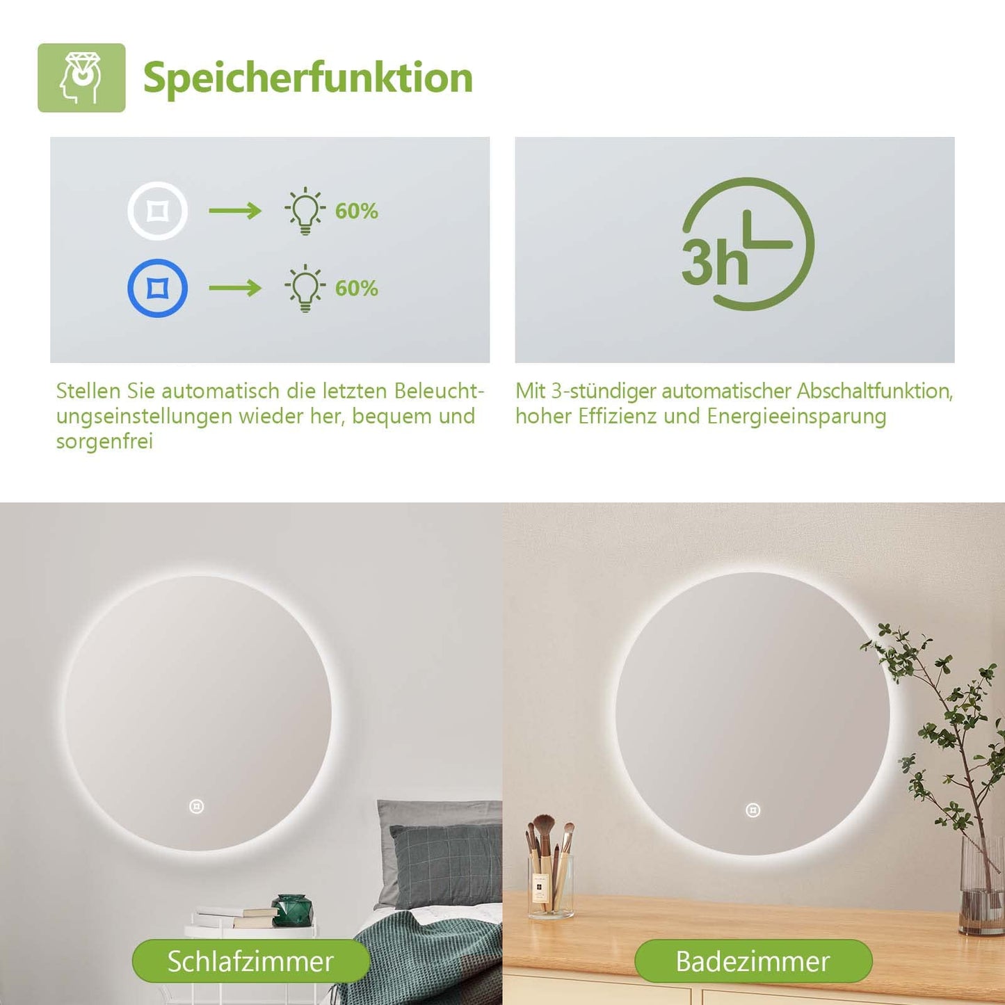 S'AFIELINA Bathroom Mirror with Lighting Round 60cm Diameter LED Bathroom Mirror with Touch Switch Dimmable Round Bathroom Mirror Cool White 6500K IP44 Energy Saving