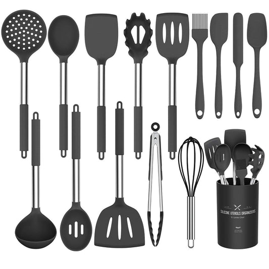 Umite Chef Kitchen Utensil Set, 15 pieces, silicone, heat resistant, non-stick, BPA-free, stainless steel handle, spatula, spoon, tongs, whisk, cookware