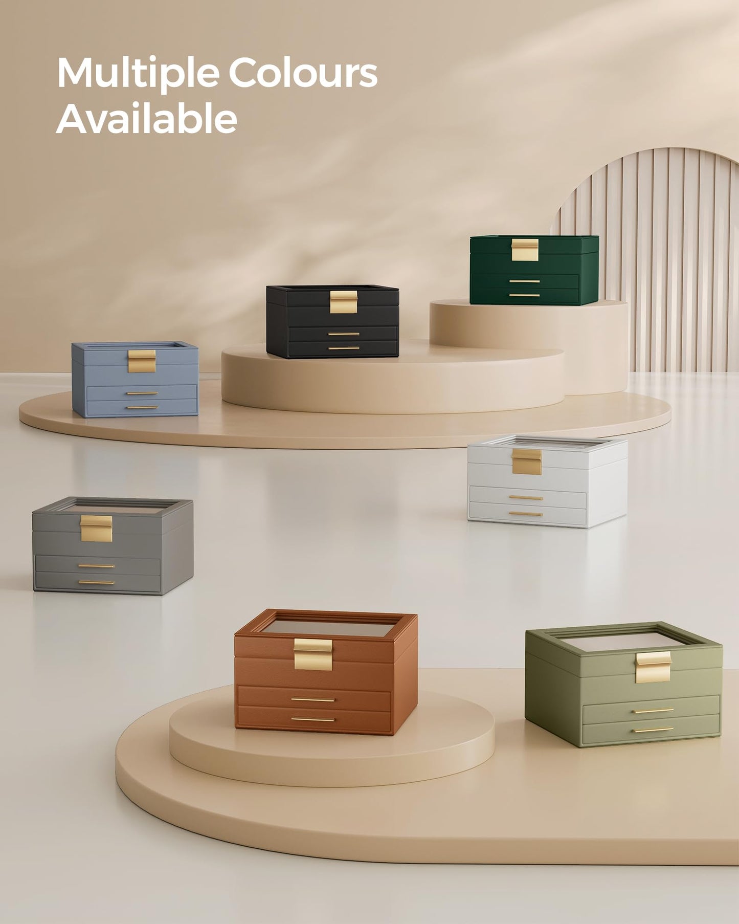 SONGMICS Jewelry box with 3 levels, glass lid, 2 drawers, ample storage, modern design, perfect gift for your loved ones, cloud white-gold JBC239WT.