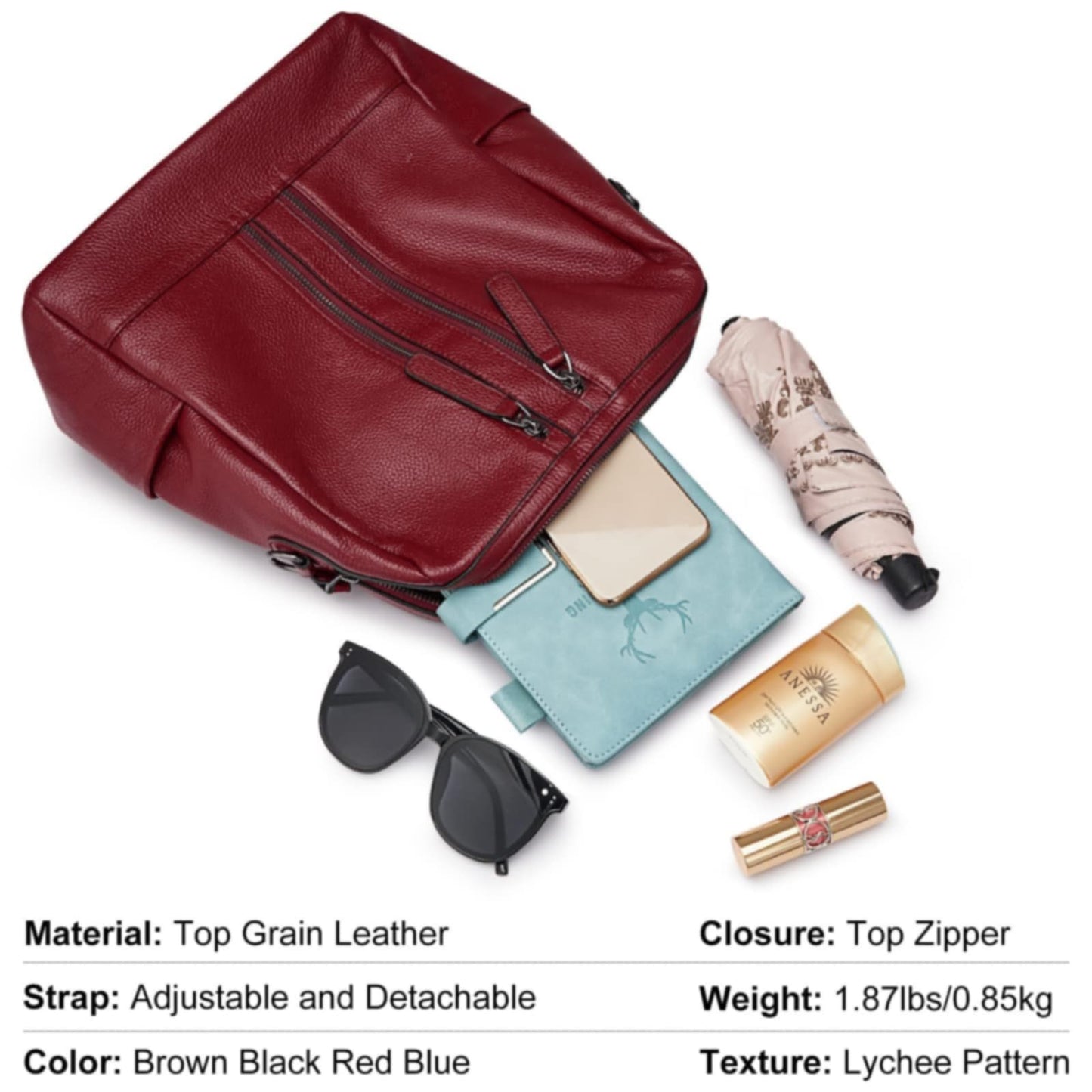 S-ZONE Women's 3-Way Backpack 2 in 1 Handbag as Leather Backpack Lightweight Soft Genuine Leather Small Casual Stylish Travel Backpack School Bag Backpack Daypack School Bag School Backpacks