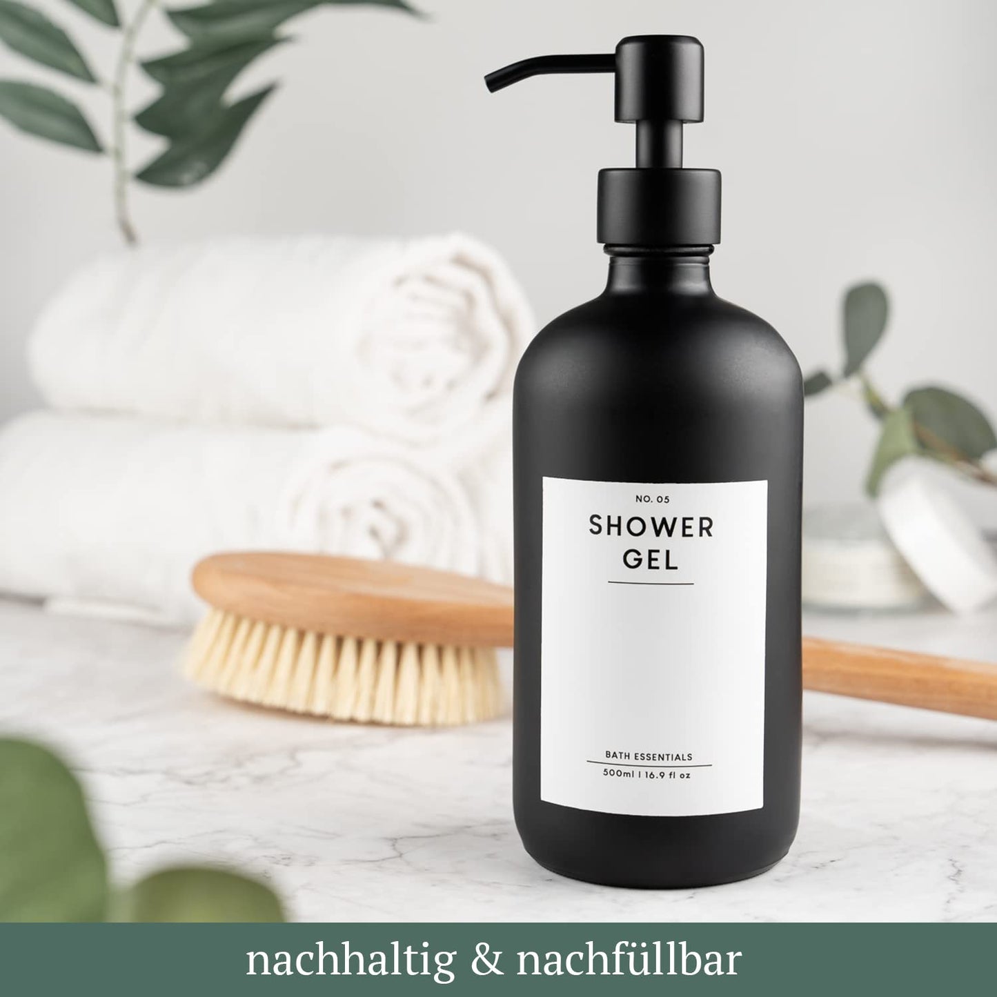 MONOKO 4-piece set soap dispenser matte black glass | 500ml shampoo bottles for filling | dish soap dispenser kitchen | dispenser pump head stainless steel | pump bottle + sticker