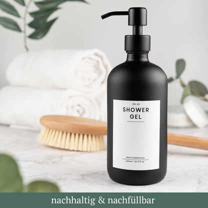 MONOKO 4-piece set soap dispenser matte black glass | 500ml shampoo bottles for filling | dish soap dispenser kitchen | dispenser pump head stainless steel | pump bottle + sticker