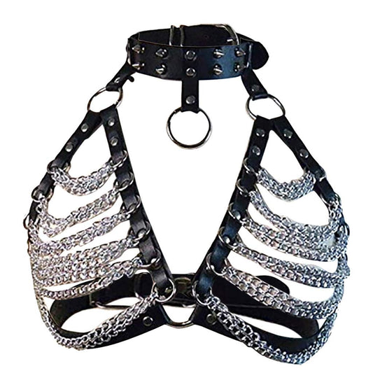 Punk Women's Harness Bra Sleeveless Gothic Steampunk Adjustable Leather Top Chest Belt Collar Chains Straps Harness Vintage Rock Chest Chain Body Jewelry For Party Dancing