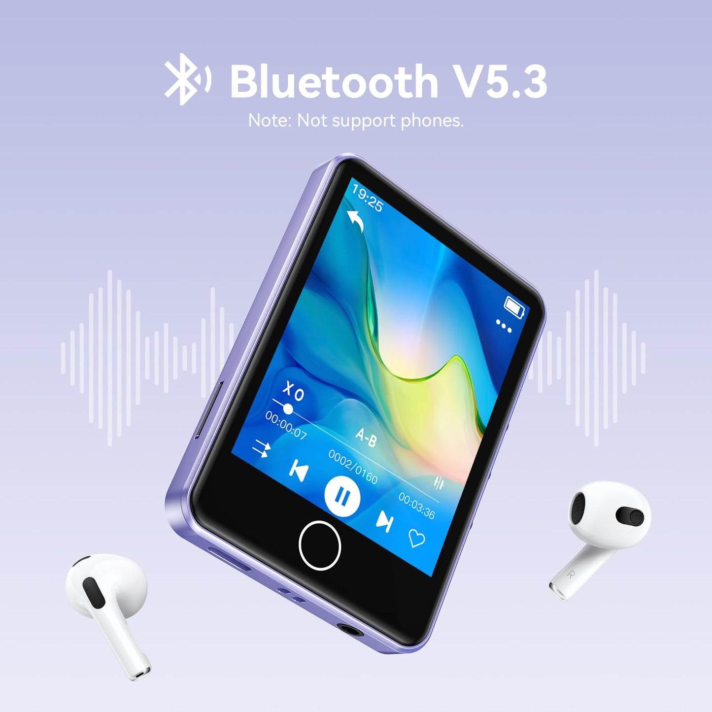 AGPTEK 64GB MP3 Player with Bluetooth 5.3, 2.8-Inch Full Touchscreen, Portable HiFi Music Player with Speaker, FM Radio, E-Book, Line-in Recording, Supports up to 128GB, Mirror Purple