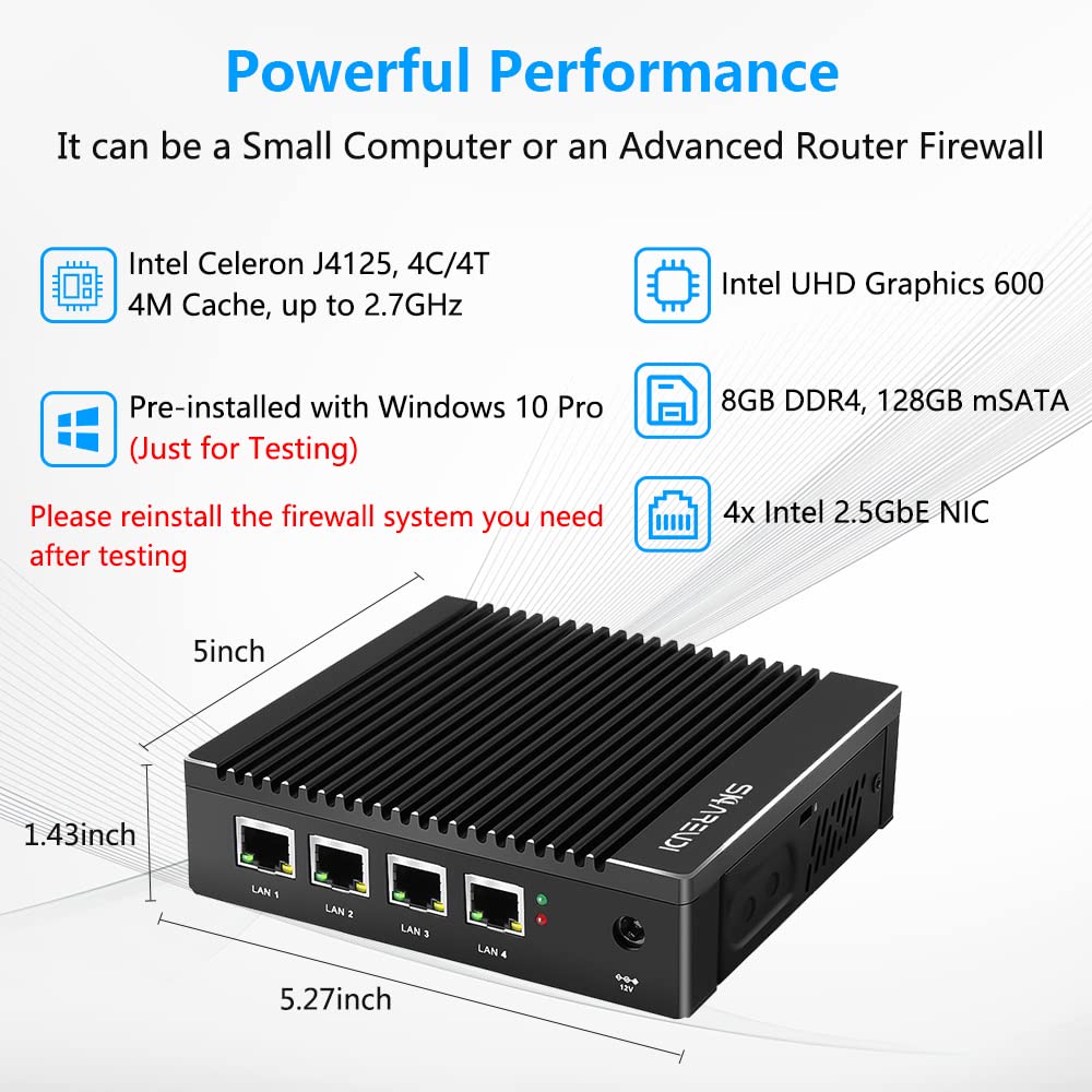 Sharevdi Mini PC Micro Firewall Appliance, Intel Celeron J4125 Quad Core Mini Computer, Firewall Mini PC, 4X Intel 2.5 GbE i225/i226 LAN Ports, Supports AES NI mSATA SSD (8G 128G)