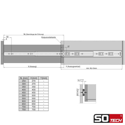 SOTECH 2 pairs (4 pieces) full extension slides KV1-45-H45-L600-NF 600 mm (retracted) telescopic ball bearing slide load capacity 45 Kg