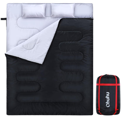 Ohuhu Thick Double Sleeping Bag, Adult Double Sleeping Bag 3.5kg with 220 x 150cm, 2 Free Pillows and a Carrying Bag, Four Double Zippers, Comfortable Temperature: -5 °C ~ 10 °C for Camping, Black