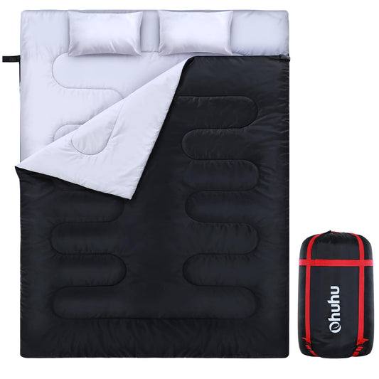 Ohuhu Thick Double Sleeping Bag, Adult Double Sleeping Bag 3.5kg with 220 x 150cm, 2 Free Pillows and a Carrying Bag, Four Double Zippers, Comfortable Temperature: -5 °C ~ 10 °C for Camping, Black