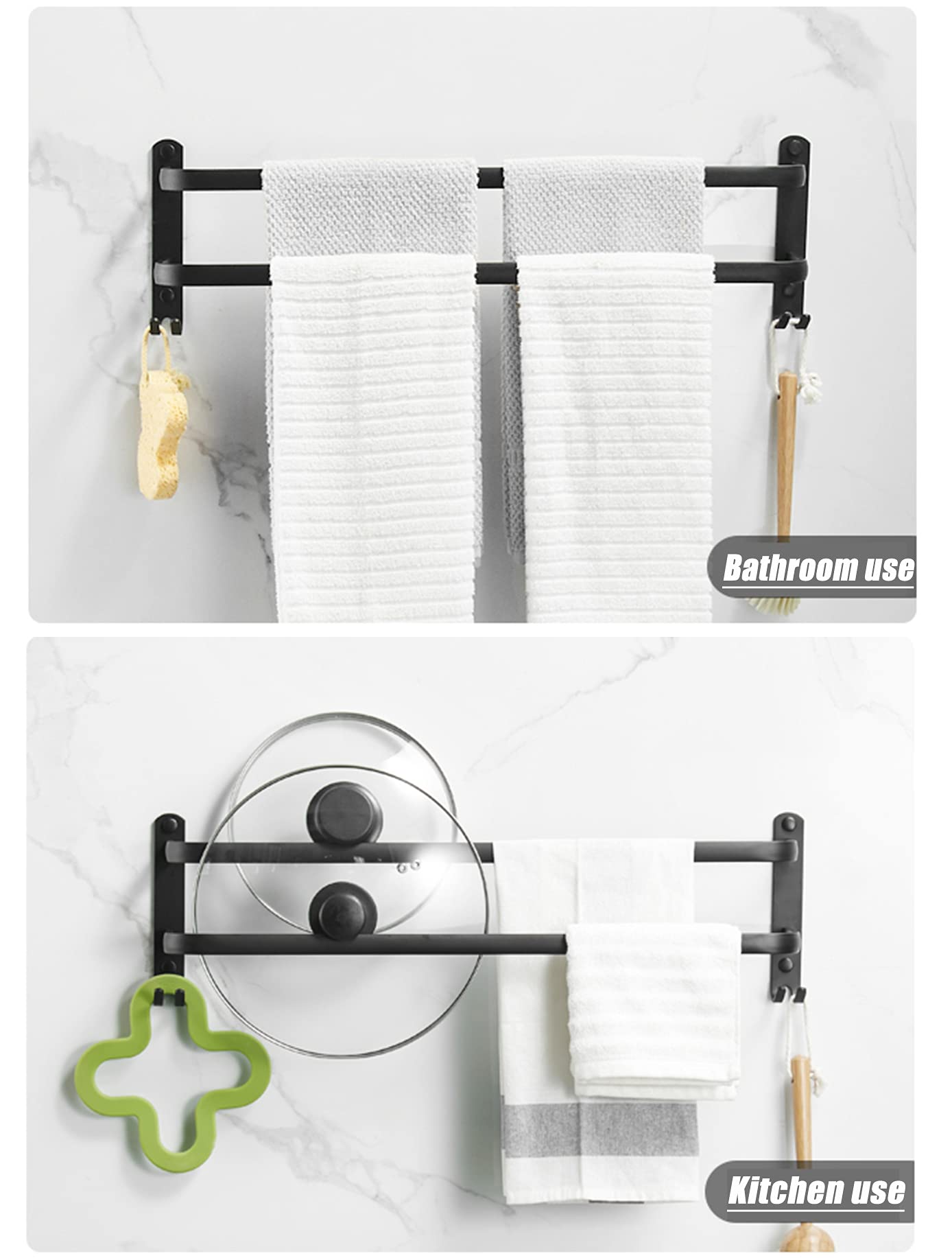 Bathroom towel holder, black matte towel rack with towel rods and hook design, wall-mounted towel holder, no drilling required (40cm, two bars)