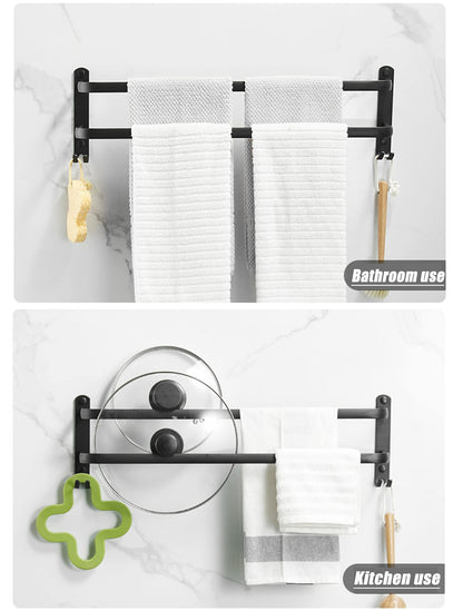 Bathroom towel holder, black matte towel rack with towel rods and hook design, wall-mounted towel holder, no drilling required (40cm, two bars)