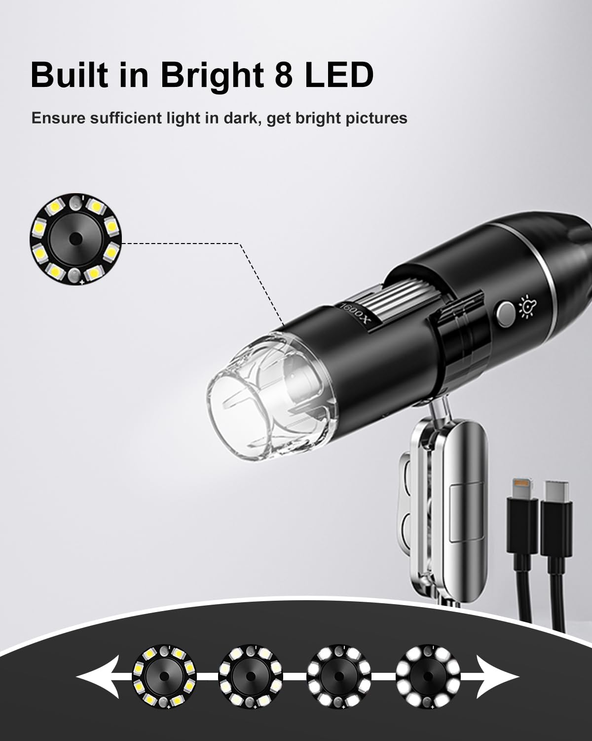 USB Microscope Digital, AOPICK 1440P microscope for iPhone Android, 10 to 200X digital microscope with 8 LED & stand HD Mobile Microscope Compatible with iOS, Android, Tablet