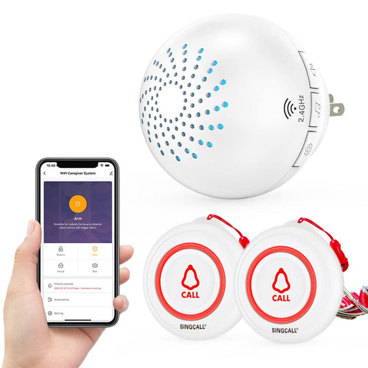 SINGCALL Tuya WiFi Wireless Call System (Equipment Upgrade), alarm system for elderly/patients/pregnant women, wireless call alarm with long range, 1 receiver + 2 call buttons for home.