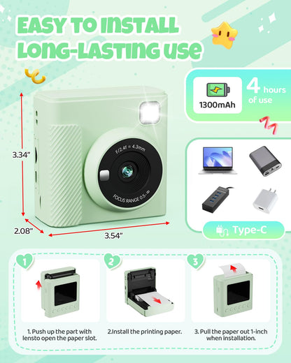 TIATUA Kids Instant Camera, 2.4" Instant Camera for Kids with 32G Card and Photo Paper Print, 1080P HD Kids Digital Camera, Gifts for Boys and Girls 3-12 Years (Green)