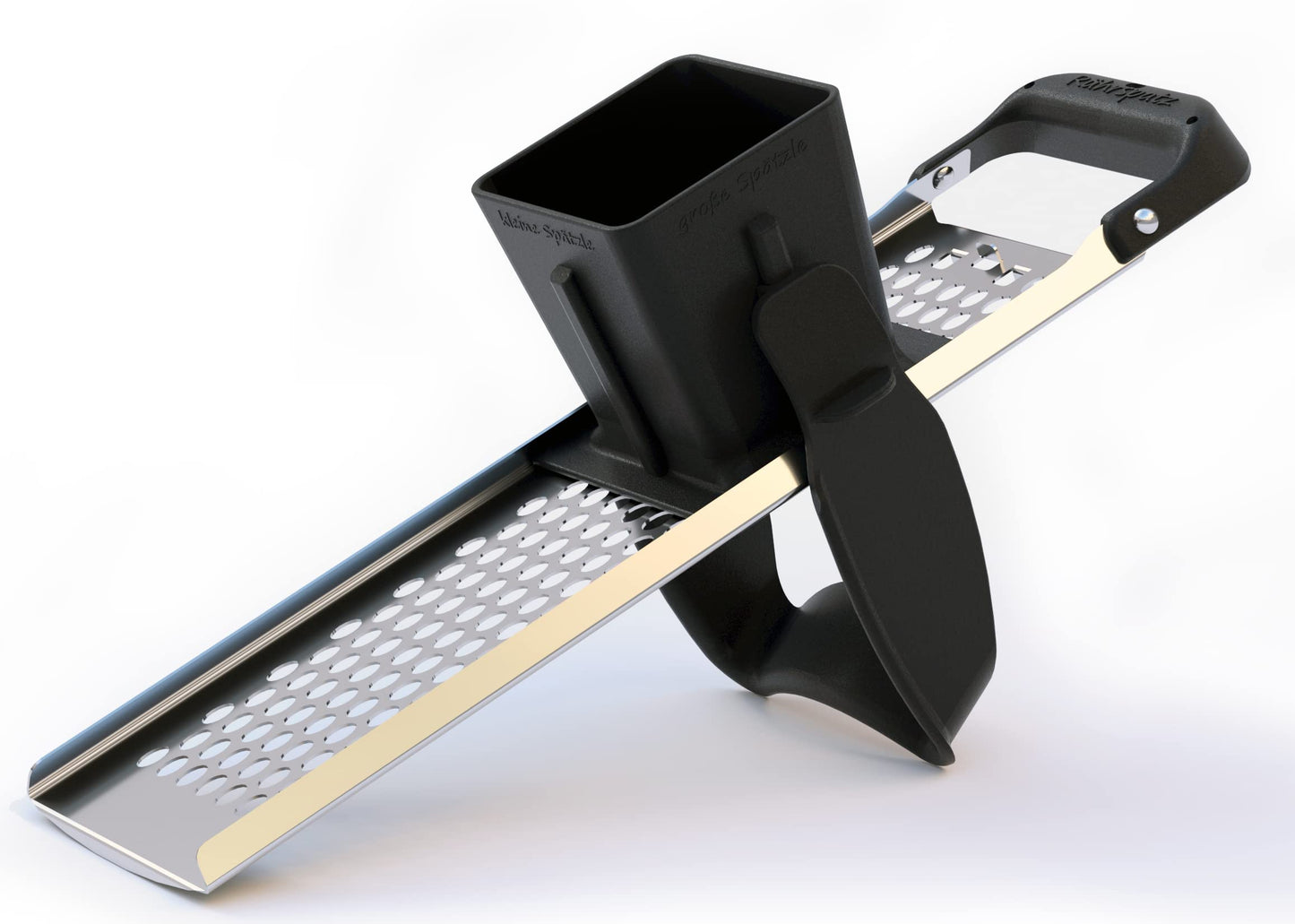 Rührspatz® patented in the Allgäu region: Stainless steel spätzle maker with stirring function, extra large dough container, cooks spätzle 4x faster! No more messy stovetop with stop function [Pot diameter up to 32 cm].