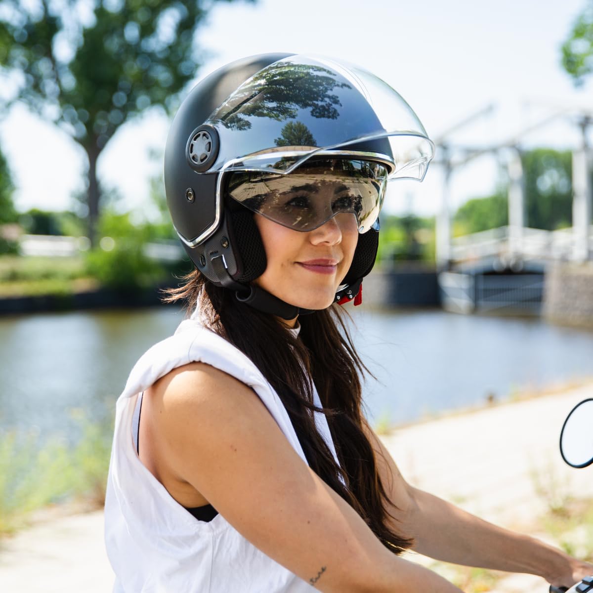VINZ Pavia Jet Helmet with Dual Visor | Scooter Helmet Fashion Helmet | Available in sizes XS-XXL | Motorcycle Helmet with Sun Visor | ECE 22.06 Certified - Matte Black