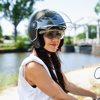 VINZ Pavia Jet Helmet with Dual Visor | Scooter Helmet Fashion Helmet | Available in sizes XS-XXL | Motorcycle Helmet with Sun Visor | ECE 22.06 Certified - Matte Black