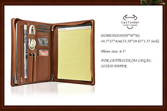 Calfinder A4 Leather Conference Folder, Notepad with A4 Clipboard/Zipper, Vegan Leather File Folder Document Case, Office Organizer, Gift for Women/Men, Brown