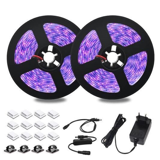 dystaval 10M blacklight LED strip, UV LED strip 33ft UV blacklight LED ribbon with transformer, 600 pieces 2835 LEDs, 12V 3A flexible blacklight fixtures for decorative lighting party lighting