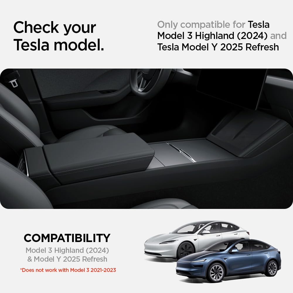 Spigen Tesla Model Y 2025 Juniper Model 3 Highland 2024 2025 Center Console Organizer with Smooth Slide Technology. Storage box armrest tray accessory for Model Y Juniper and 3 Highland - Carbon.