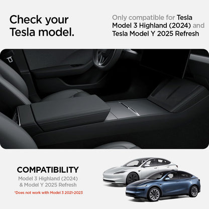 Spigen Tesla Model Y 2025 Juniper Model 3 Highland 2024 2025 Center Console Organizer with Smooth Slide Technology. Storage box armrest tray accessory for Model Y Juniper and 3 Highland - Carbon.