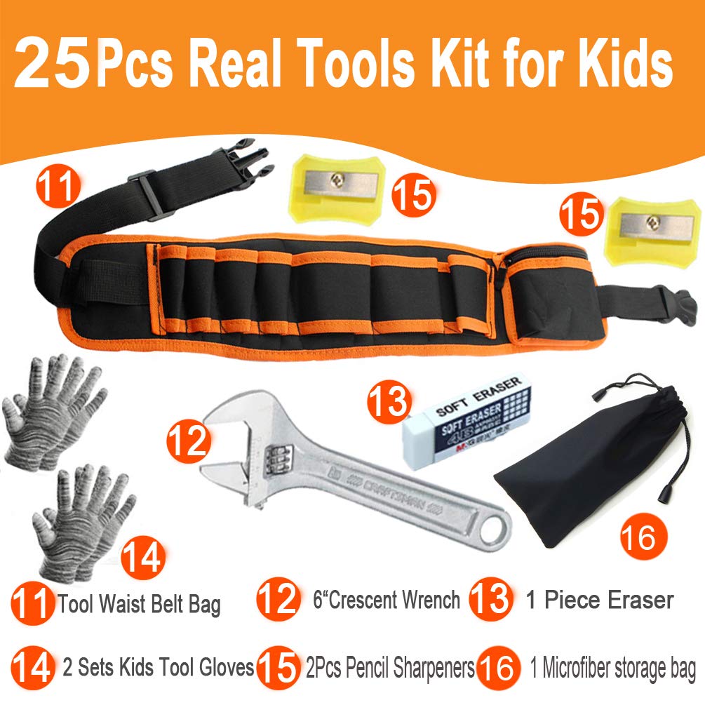 Children's tool set, youth construction workers, kid-size, real hand tools, 25 pieces, hammer, learning tool, belt, waist, junior, boys, teenagers, beginners, woodworking, construction, repair kit.